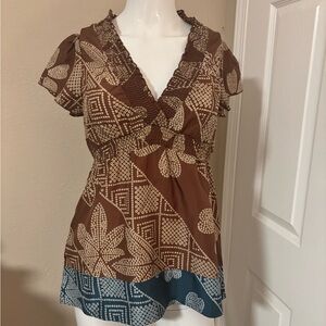 BCBG Floral Print Flutter Sleeve Silk Top